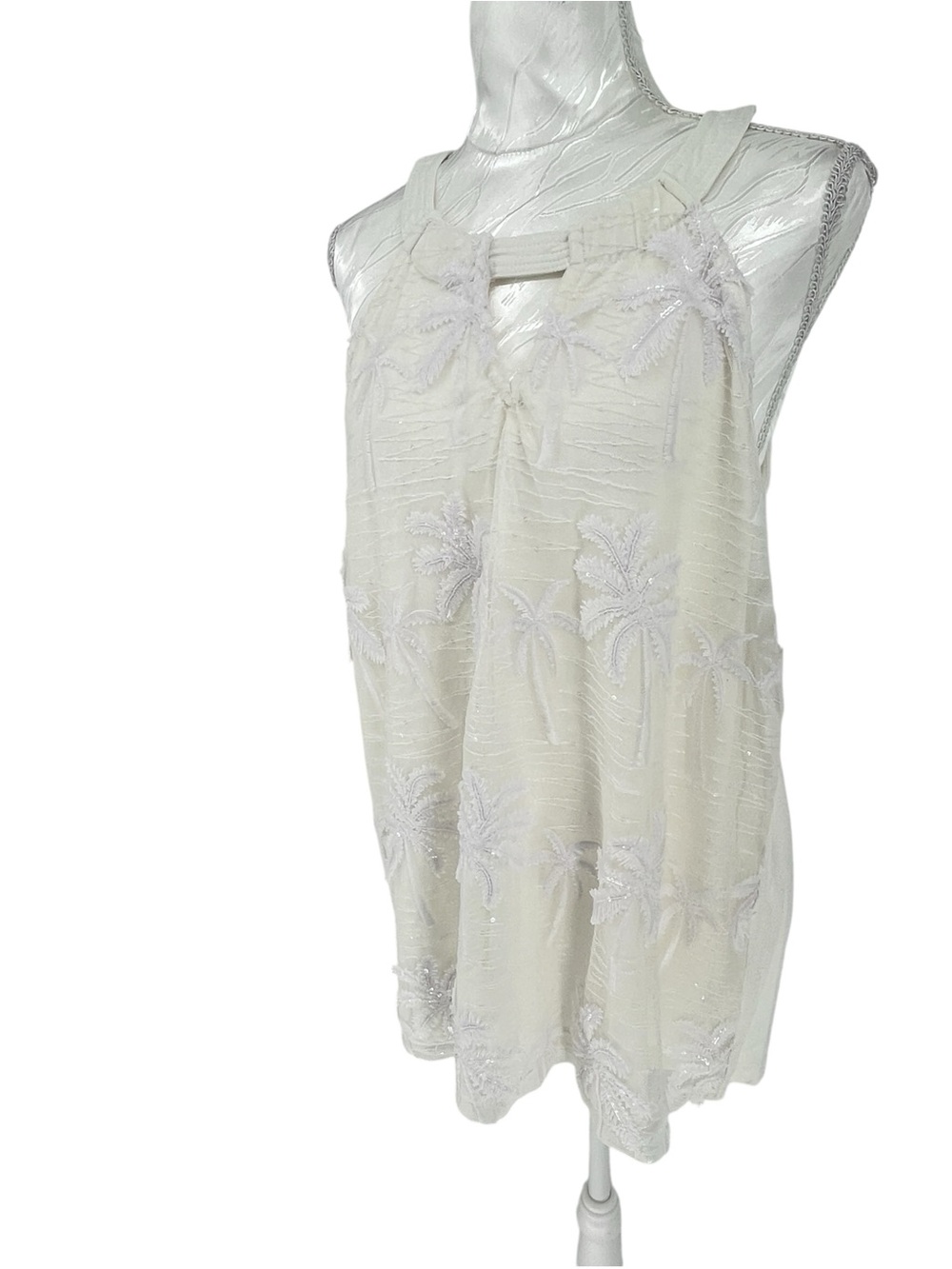 Peck Peck Sz L Halter Top Overlay Embroidered Palm Tree Sequin Island Tropical